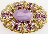 £38.00 - Vintage 30s Large Czech Filigree Purple Pink Diamante Oval Gold Brooch 7cm 